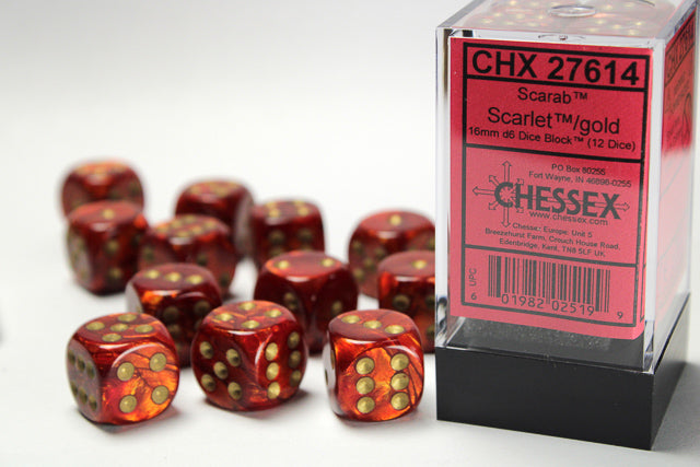 Chessex Scarab Scarlet/Gold 16mm D6 (12 Dice)