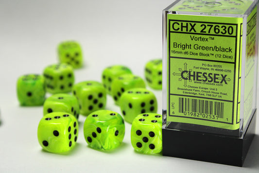 Chessex Vortex Bright Green/black 16mm D6 (12 Dice)