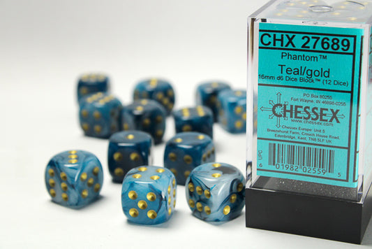 Chessex Phantom Teal/Gold 16mm D6 (12 Dice)