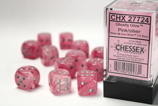 Chessex Ghostly Glow Pink/Silver 16mm D6 (12 Dice)