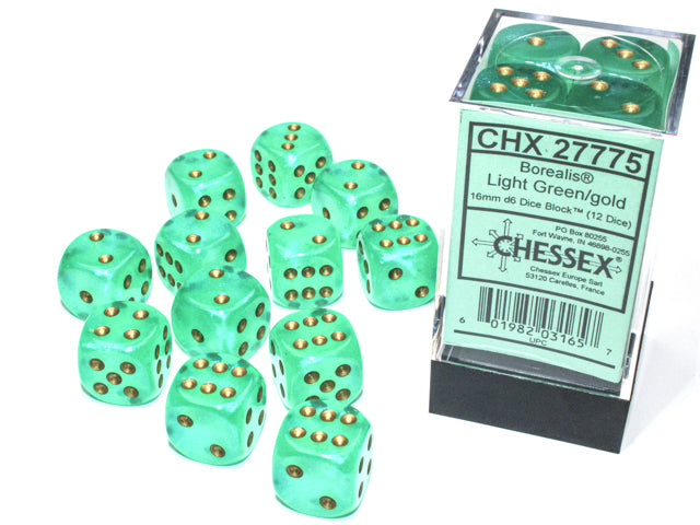 Chessex Borealis Light Green/gold 16mm D6 (12 Dice)