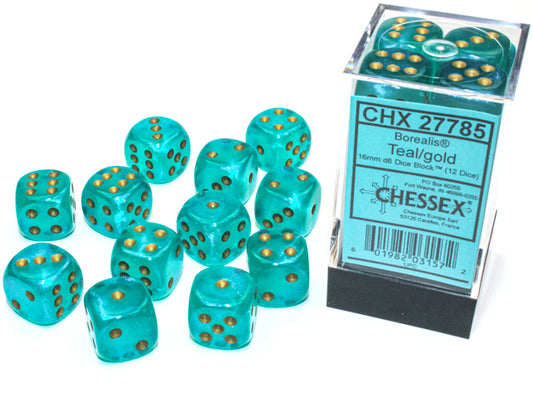 Chessex Borealis Teal/gold 16mm D6 (12 Dice)