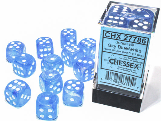 Chessex Borealis Sky Blue/white 16mm D6 (12 Dice)