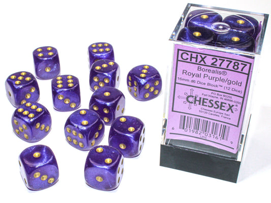 Chessex Borealis Royal Purple/gold 16mm D6 (12 Dice)