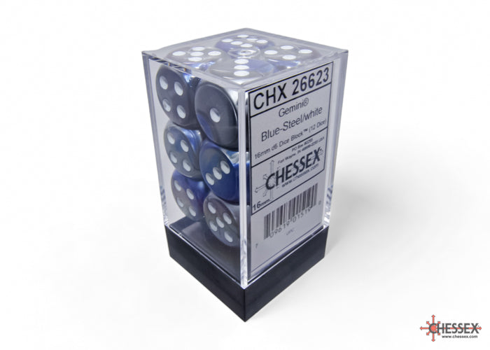 Chessex Gemini Blue-Steel/white 16mm D6 (12 Dice)