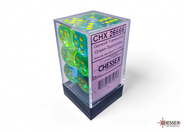 Chessex Gemini Translucent Green-Teal/yellow 16mm D6 (12 Dice)